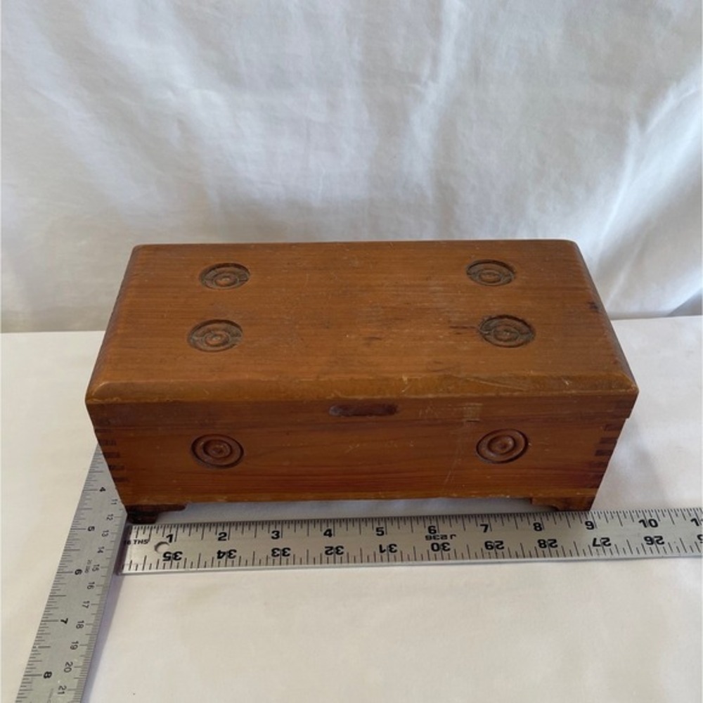 Vintage Handmade Wooden Trinket Box Footed Keepsake Chest Carved Details 8.5in